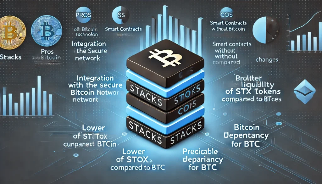 Stacks technology pros and cons, highlighting Bitcoin integration and smart contract functionality