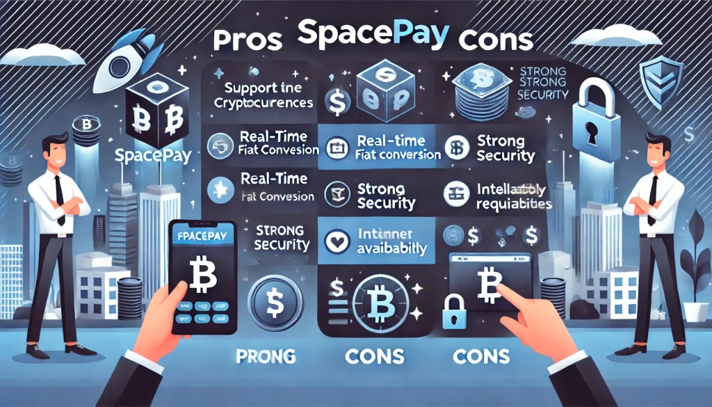 Illustration of SpacePay pros and cons, highlighting crypto support, security, and transaction fees