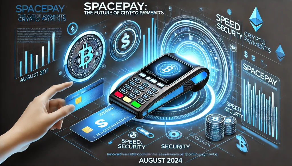 Illustration of SpacePay future crypto payments, featuring secure transactions and digital terminals