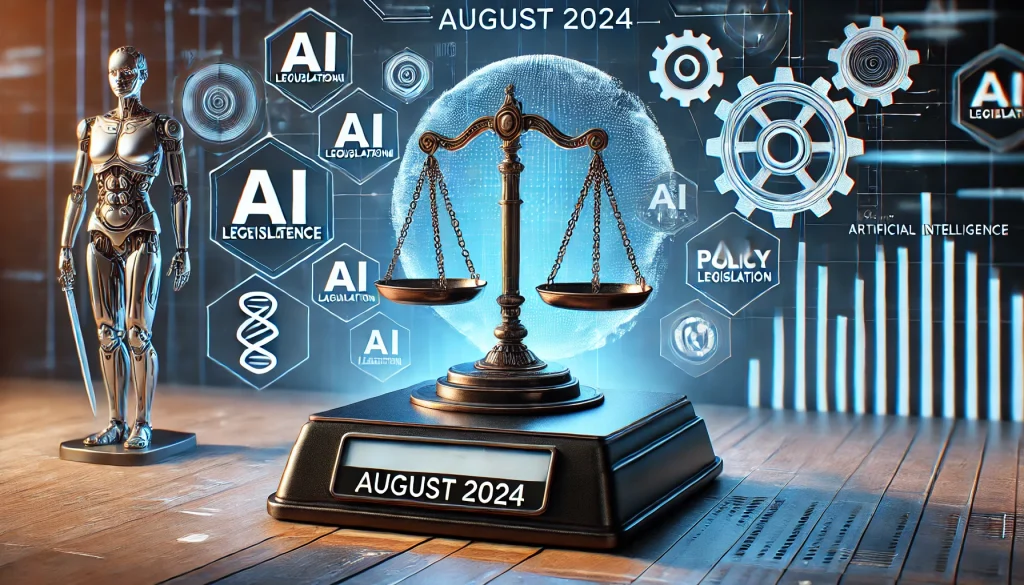 AI legislation with balance scales for law, gears for policy changes, futuristic design