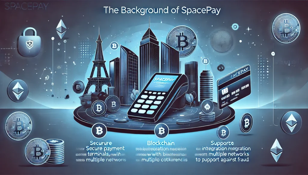 llustration of SpacePay crypto platform, highlighting secure transactions, blockchain integration, and user-friendly interface