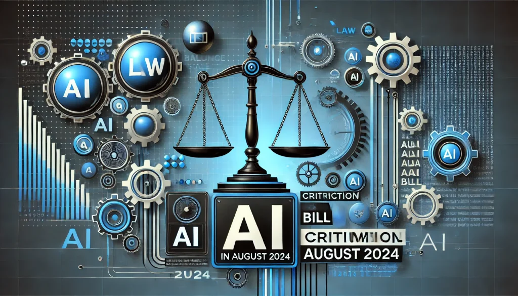 AI bill criticism, showing balance scales for law and gears for policy changes