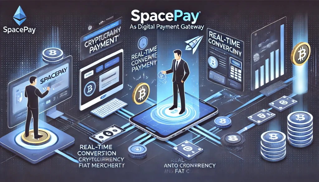 Illustration of SpacePay transaction, showcasing real-time crypto conversion, secure blockchain, and user-friendly interface