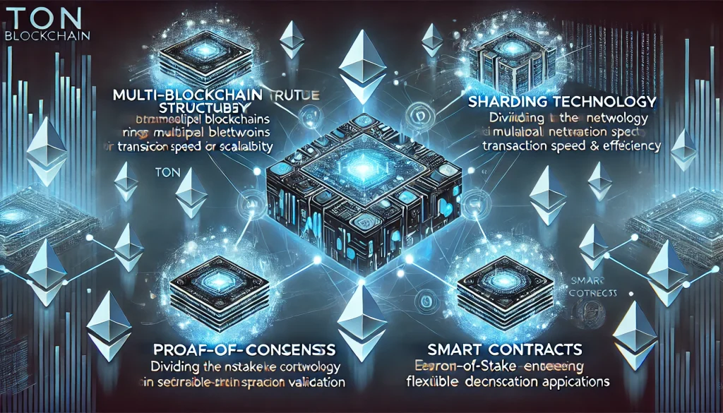 TON Blockchain components: multi-blockchain, sharding, proof-of-stake, and smart contracts for scalability