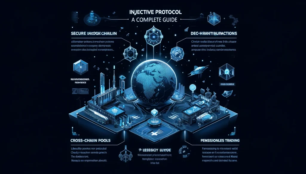 Illustration of Injective Protocol guide featuring DeFi, cross-chain transactions, and secure trading interfaces