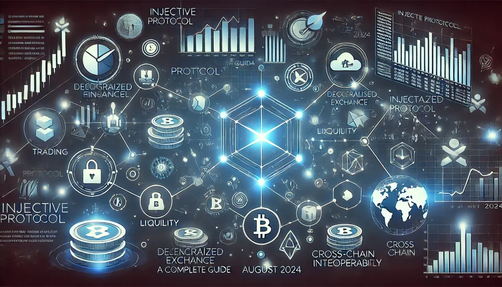 Injective Protocol with DeFi elements, trading charts, and blockchain nodes in blue and black