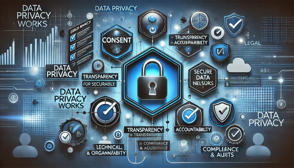 Data privacy process with locks, consent forms, secure networks, and compliance checks.