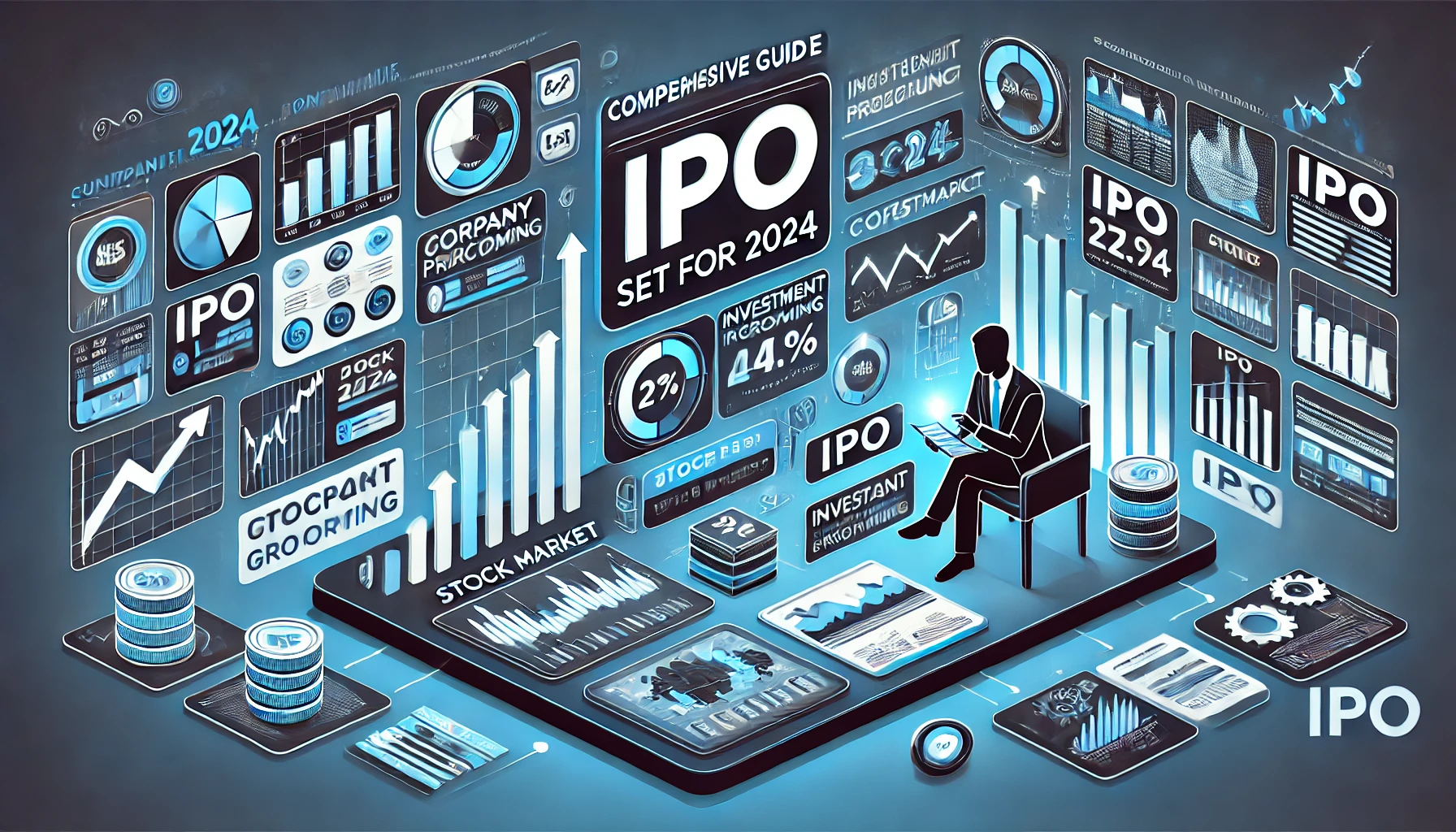 Investor reviewing IPO opportunities in 2024, featuring stock market charts and growth arrows.