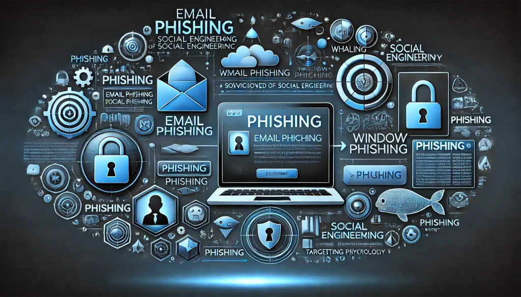 Phishing techniques with deceptive emails, pop-up windows, and social engineering targeting trust and fear.