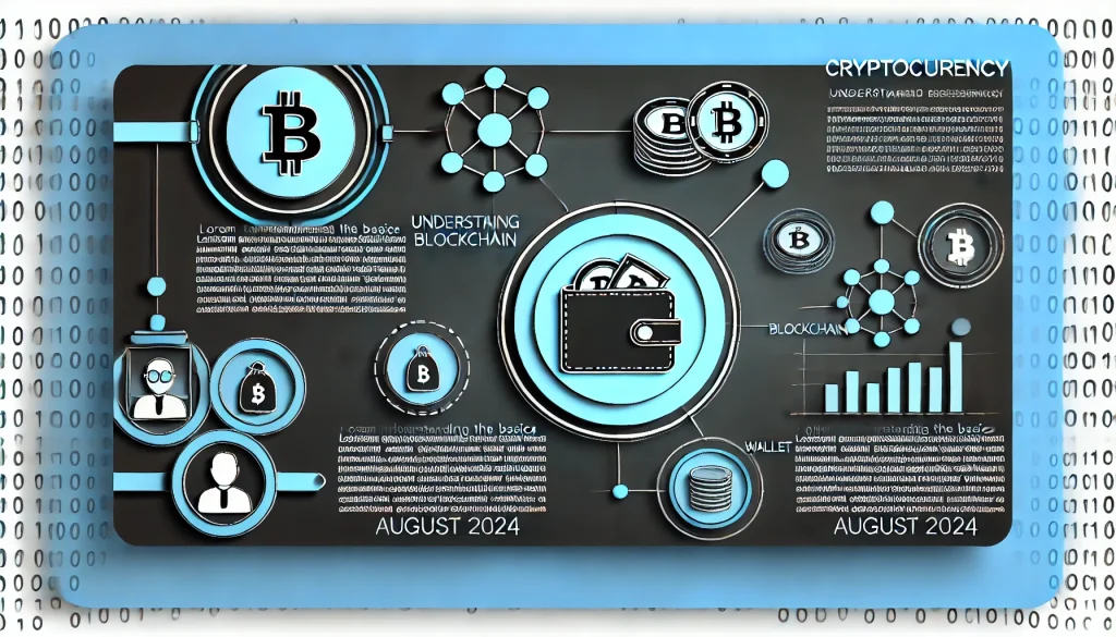 Illustration of cryptocurrency basics, featuring digital coins, blockchain networks, and wallet icons