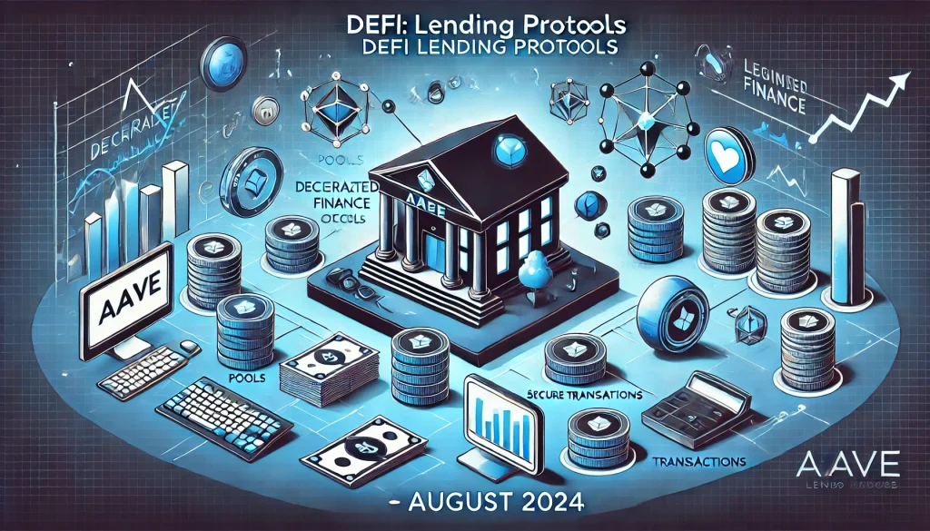 Illustration of Aave DeFi lending with digital tokens, lending pools, and secure blockchain networks