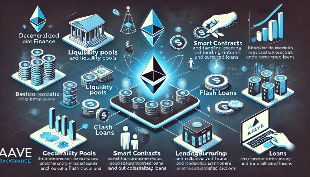 llustration of Aave DeFi features, including liquidity pools, smart contracts, and flash loans