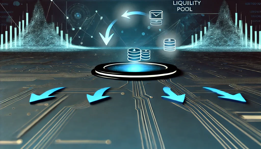 A modern digital landscape showing decentralized finance with liquidity pools and transaction flow.