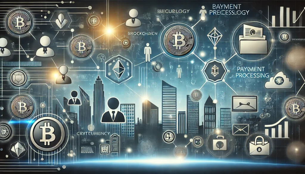 Digital scene showing businesses supporting cryptocurrency with blockchain and payment processing icons.