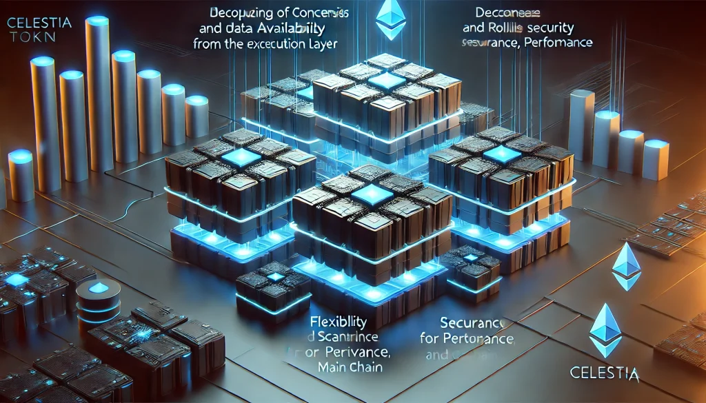 Modular blockchain system with layered blocks and glowing lines, representing Celestia Token's flexibility.