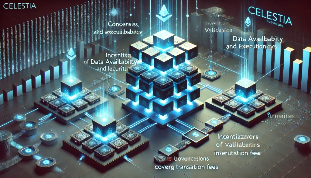 Modular blockchain framework with layers, showing token flow and security inheritance in Celestia network.