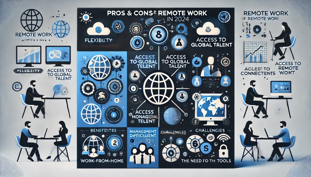 Infographic illustrating the pros and cons of remote work in 2024, highlighting flexibility and global talent access alongside management challenges and tool investments