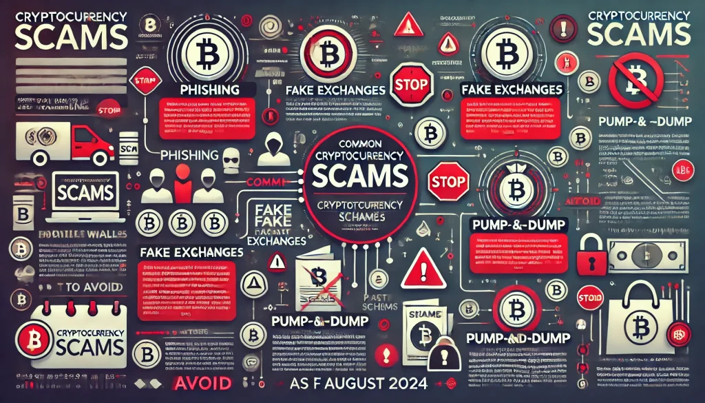 Infographic explaining cryptocurrency scams in August 2024, highlighting phishing, fake exchanges, and pump-and-dump schemes with icons of digital wallets and hackers