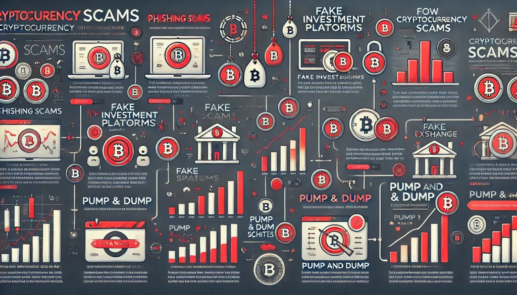 Infographic explaining how cryptocurrency scams work, including phishing, fake investment platforms, and pump-and-dump schemes, with icons and tips for security