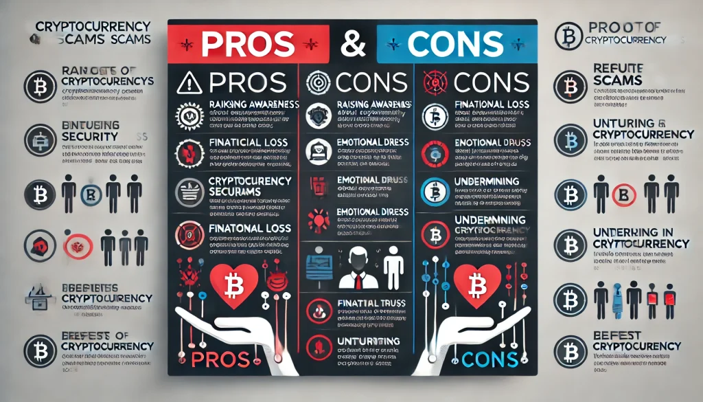 Infographic showing pros and cons of cryptocurrency scams, with pros like raising cybersecurity awareness and cons like financial loss and undermining trust