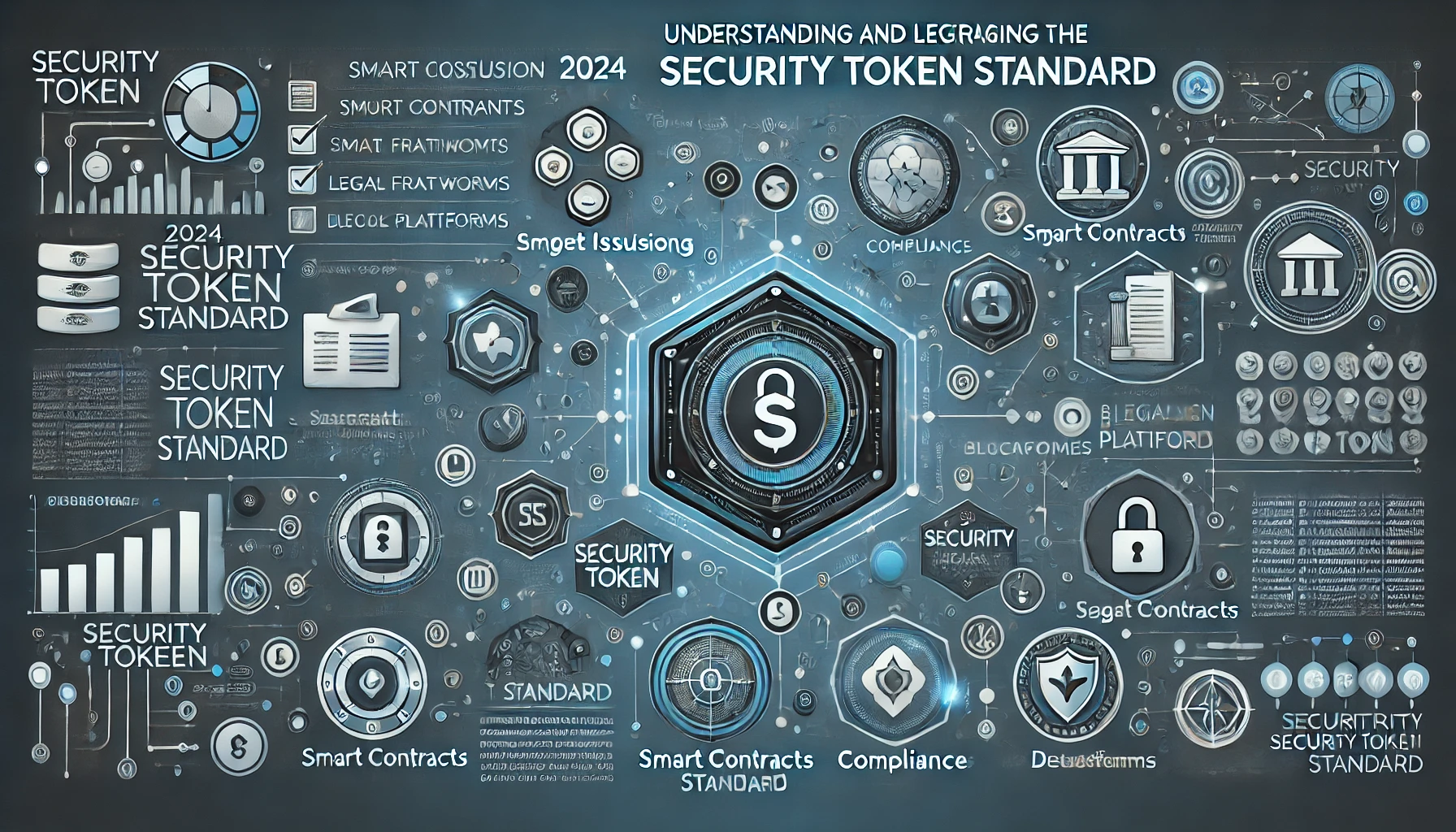 Infographic featuring icons for token issuance, compliance, smart contracts, and decentralized platforms in a blue and black futuristic design.