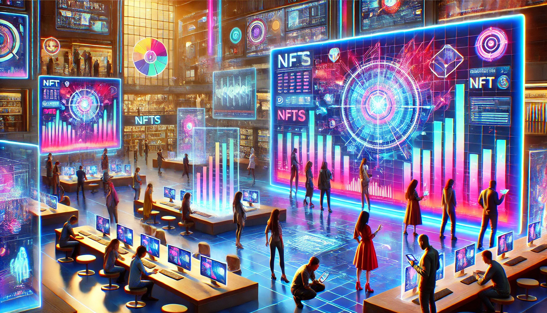 It's a vibrant digital art marketplace where people buy and sell NFTs. The scene displays contemporary digital art against a colorful, futuristic backdrop, with individuals engaging in transactions and admiring the artwork.