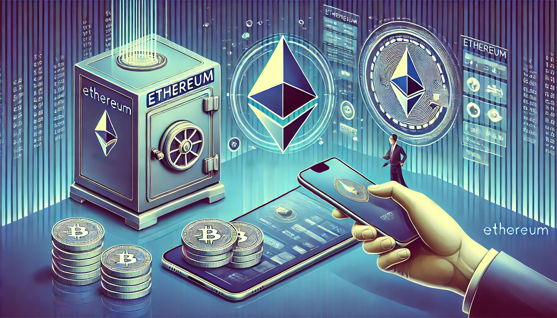 An illustration of buying and storing Ethereum. A futuristic computer screen shows the Ethereum logo with a cryptocurrency wallet. A person is using a smartphone to make a transaction, with a secure safe in the background symbolizing storage. The color scheme includes shades of blue, white, and metallic colors.