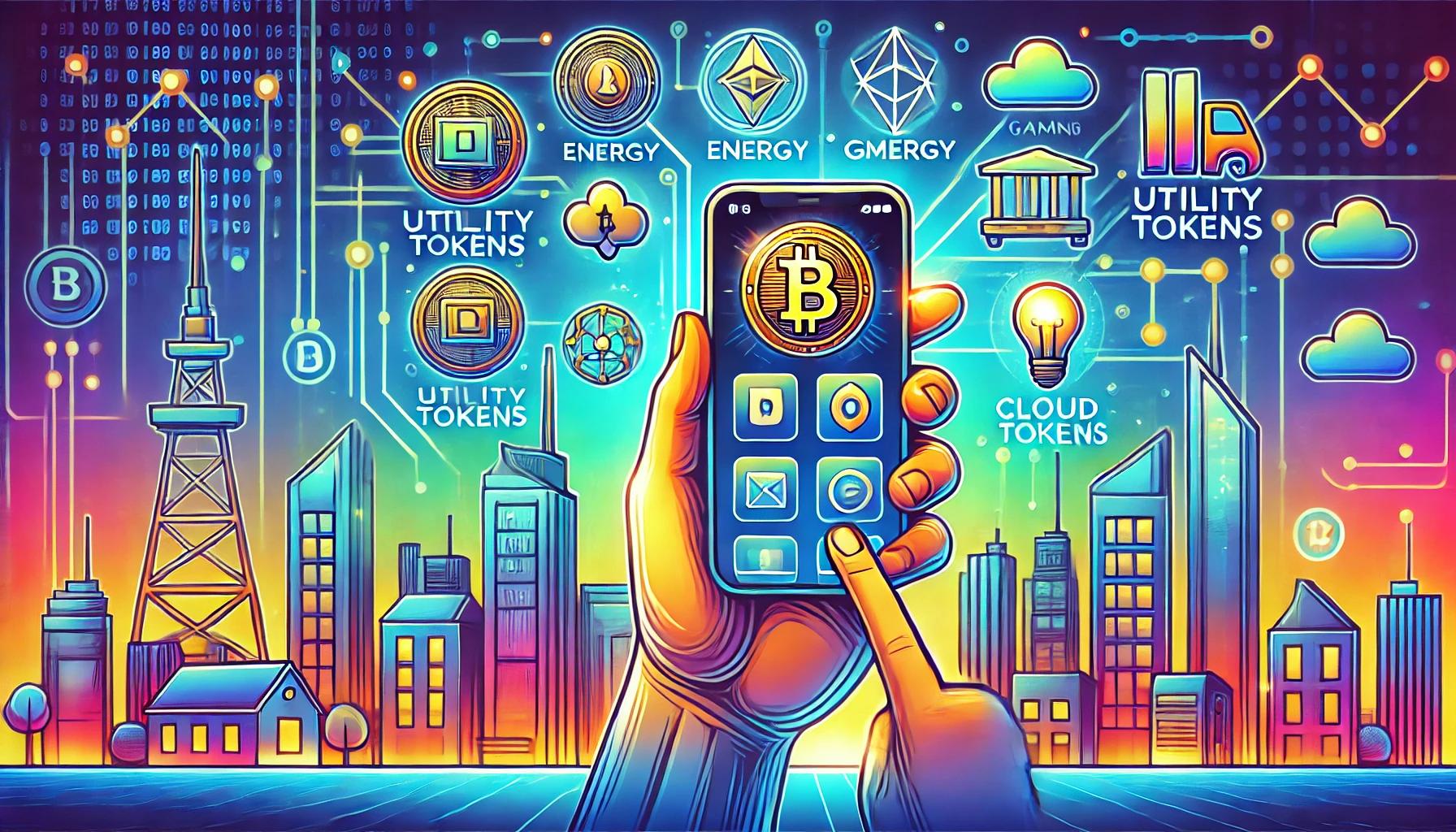 Buying and Storing Utility Tokens This vibrant illustration shows a hand holding a smartphone with a cryptocurrency wallet app open that displays various utility tokens. The icons surrounding the smartphone represent different utilities such as energy, gaming, and cloud services. The background features an ultra-modern city skyline with digital connectivity and blockchain symbols. The color palette includes bright blues, greens, and gold to give it a dynamic and secure feel.