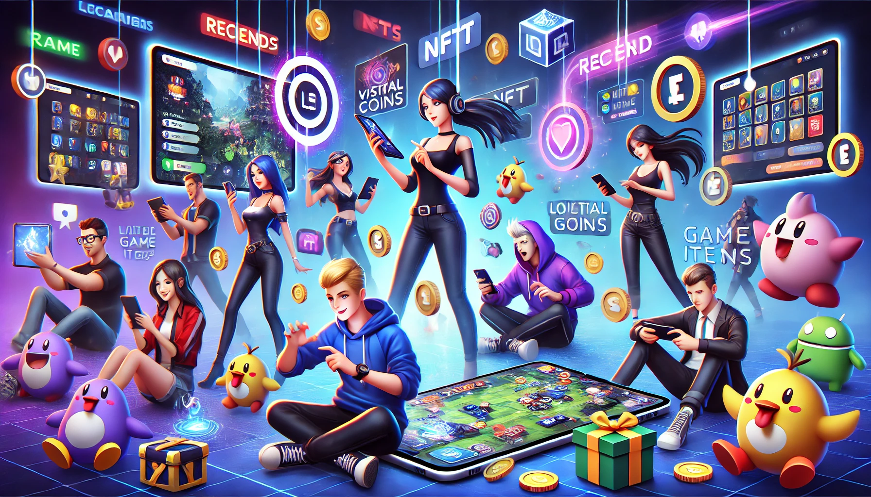 Dynamic and colorful scenes featuring a variety of characters engaging with digital devices such as smartphones, tablets, and computers to earn rewards such as virtual coins, NFTs, and game items. The background shows a gaming environment with leaderboards, treasure chests, and glowing game icons, while the characters are in action poses and look enthusiastic and focused