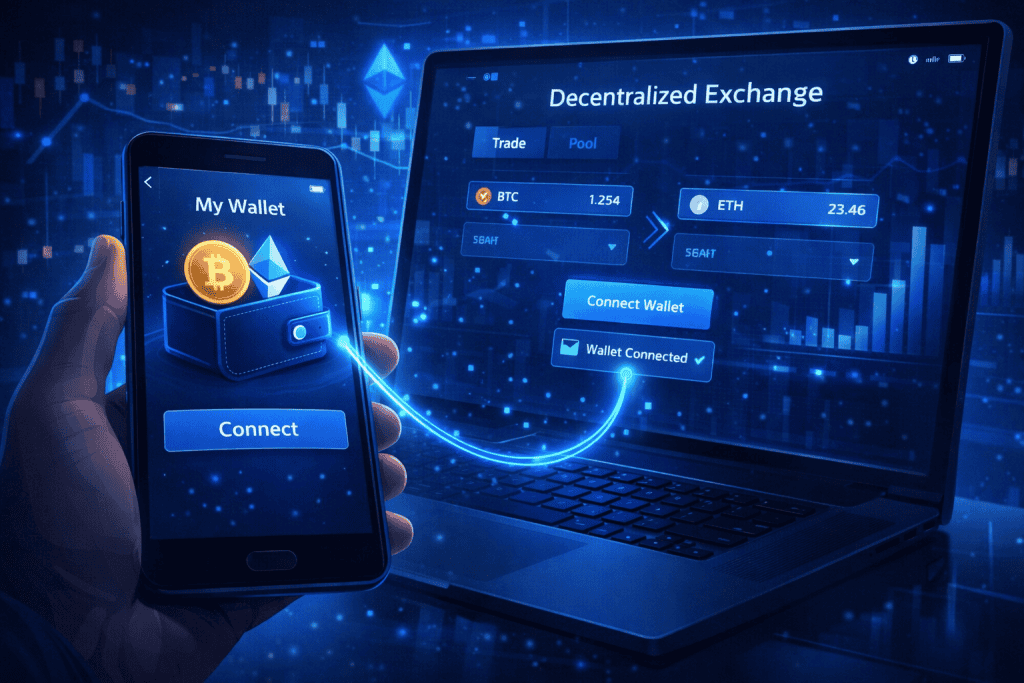 Wallet connection from smartphone to decentralized exchange on laptop.