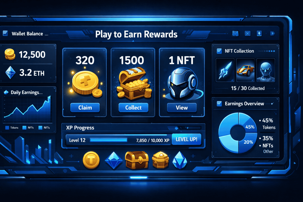 Play to earn game dashboard showing rewards, earnings charts, and NFT collection.