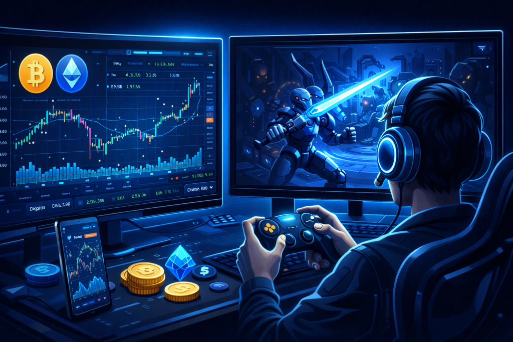 Gamer reviews crypto charts while playing on dual-monitor setup.