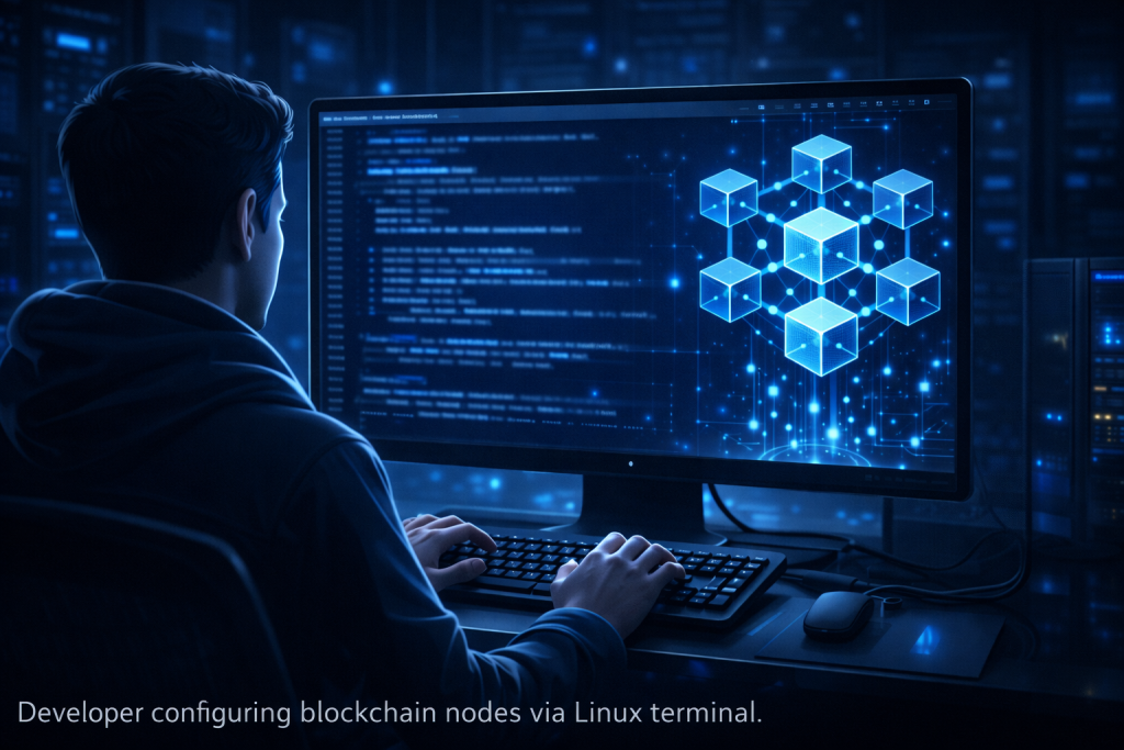 Developer configures blockchain nodes in a Linux terminal dashboard.
