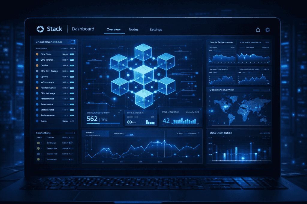 Real-time dashboard showing Stack Blockchain Nodes performance metrics and charts.