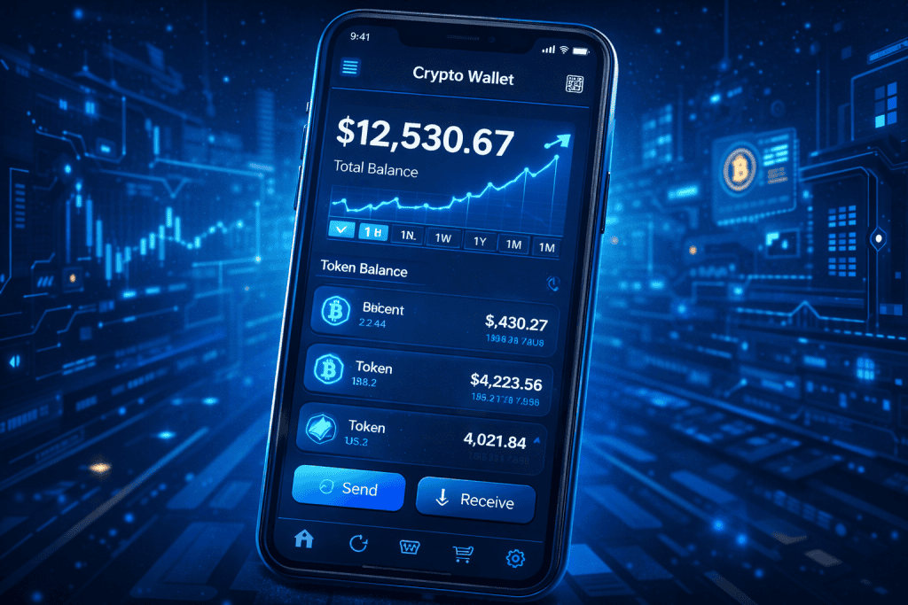 Crypto wallet app on smartphone showing token balance and chart