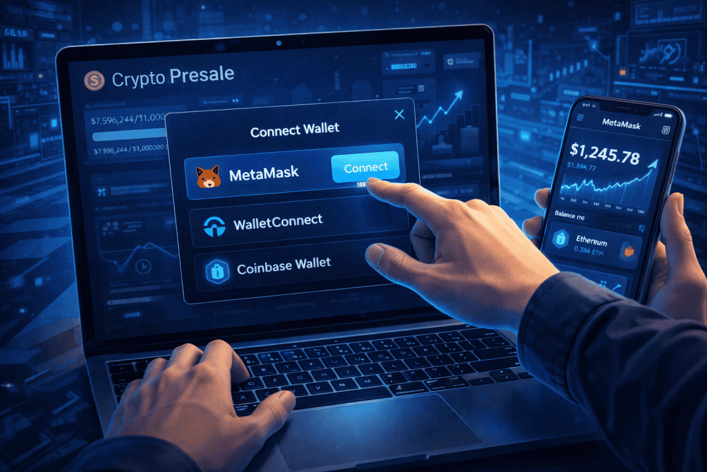 User connecting MetaMask wallet to a cryptocurrency presale website