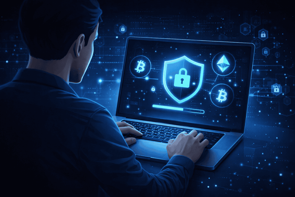 Investor setting up a secure crypto wallet on a laptop.