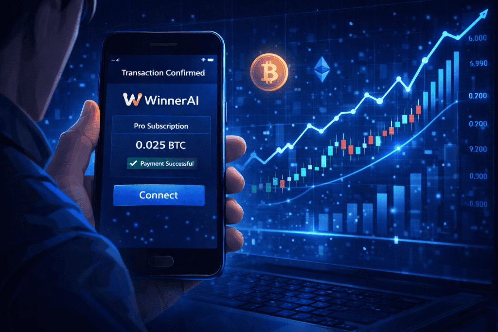 WinnerAI payment confirmed on phone with rising crypto chart background.