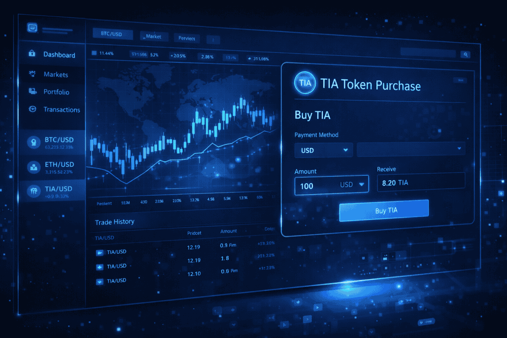 Exchange dashboard showing TIA token purchase form and price chart.