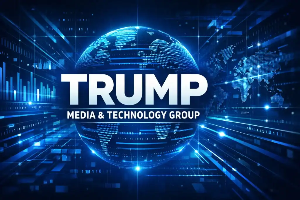 Trump Media & Technology Group logo displayed on a digital screen symbolizing media innovation and free speech platform expansion