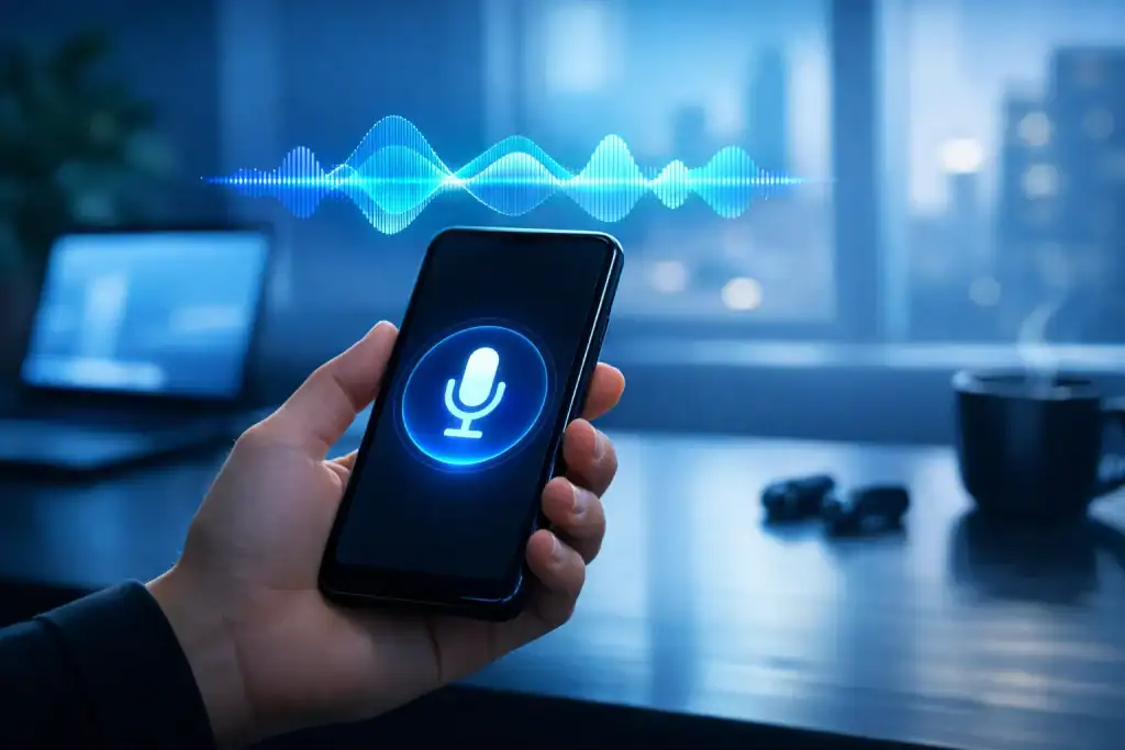 Person using a smartphone with OpenAI Voice Mode active, soundwave UI floating above the screen in a bright, modern workspace.