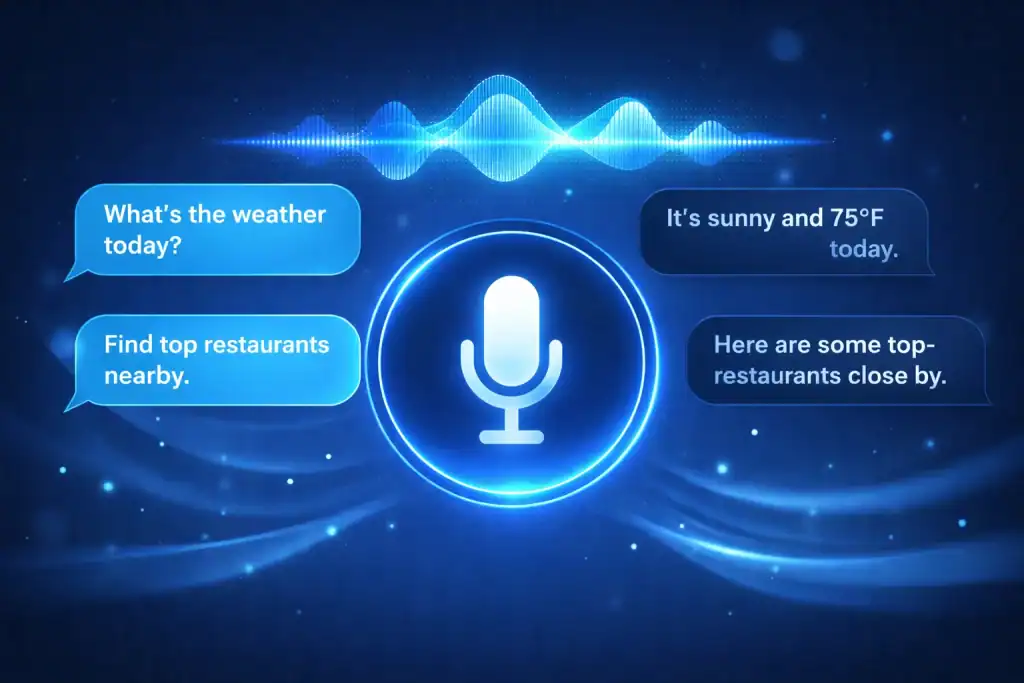 Close-up of a phone microphone icon with OpenAI Voice Mode conversation bubbles appearing, showing a natural back-and-forth dialogue