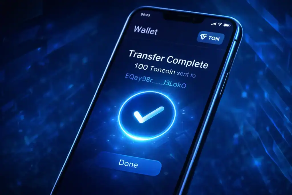 Close-up of a smartphone wallet showing Toncoin transfer confirmation on TON Blockchain with subtle shard-like UI patterns.