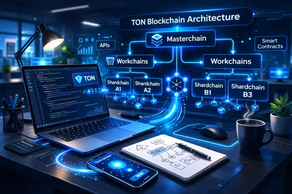 Developer desk scene with laptop code editor and TON Blockchainy architecture diagram showing masterchain, workchains, and shardchains