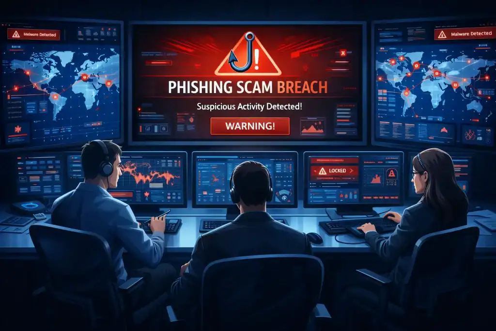 Cybersecurity team analyzing a phishing scam
