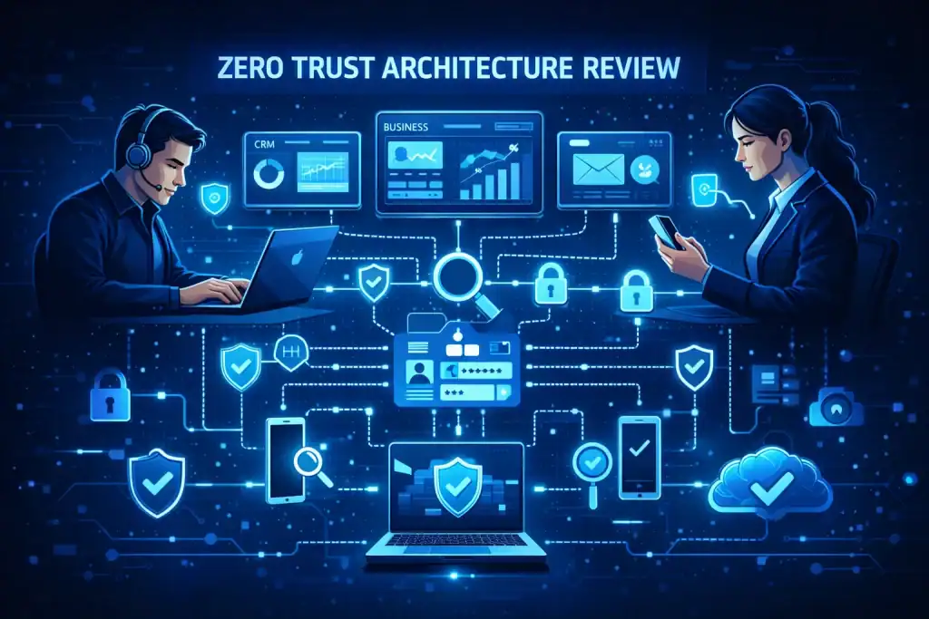 Zero Trust Architecture Review visual of remote employees accessing segmented business application