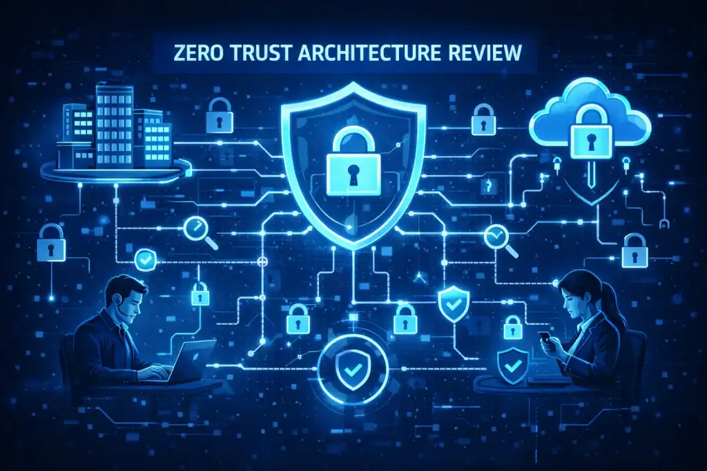 Zero Trust Architecture Review concept image featuring a digital shield