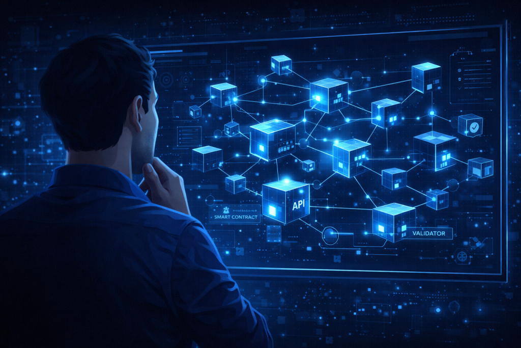 Developer studying modular blockchain architecture diagram on a glowing display.