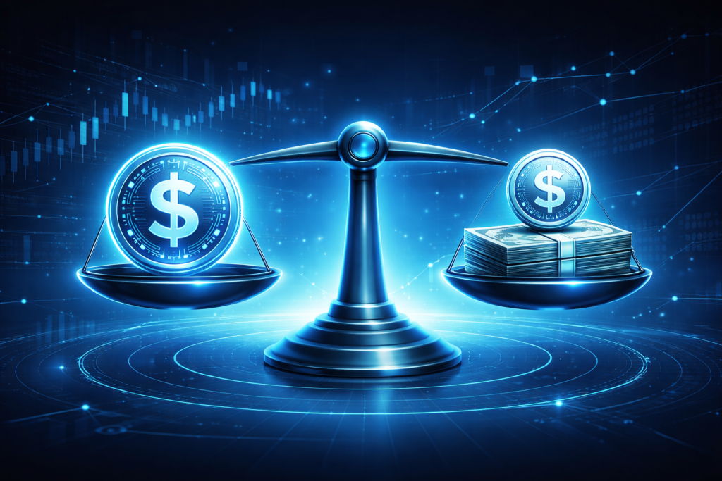 Balance scale showing stablecoin token equal to US dollar.
