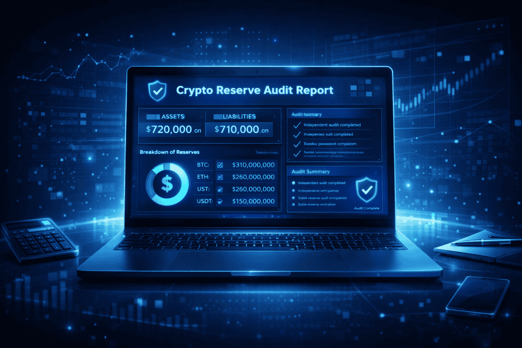 Crypto reserve audit report dashboard displayed on a laptop screen.